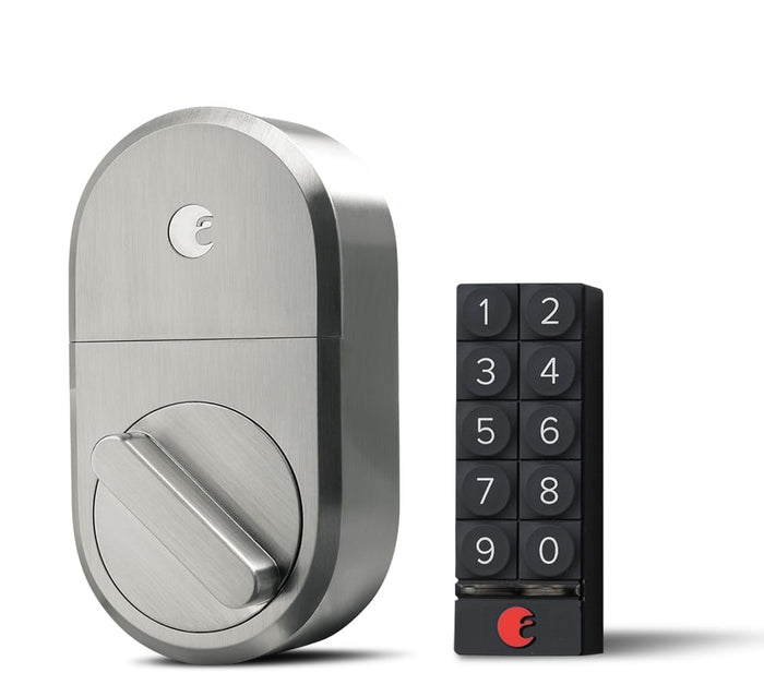 A silver August Wifi lock with a black keypad