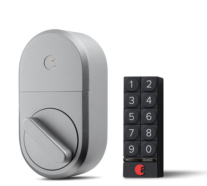 A silver August Wifi lock with a black keypad