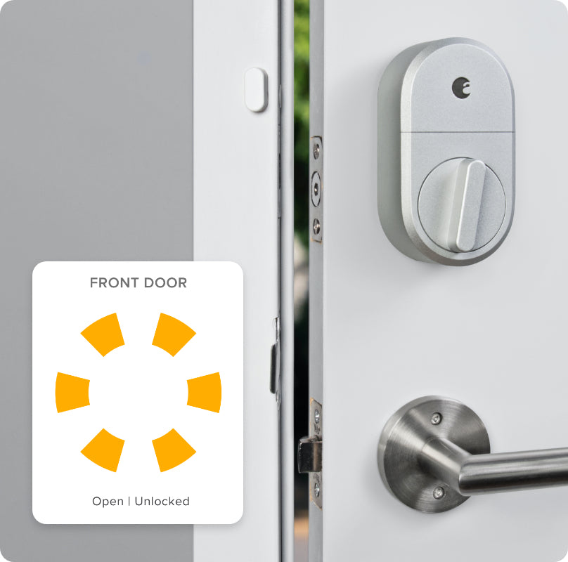 The August app on a iPhone showing the door status as open with an open door next to it