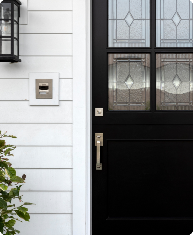 A front door with a camera monitoring