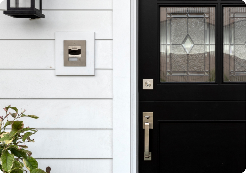 A front door with a camera monitoring