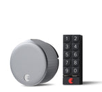 A silver August Wifi lock with a black keypad