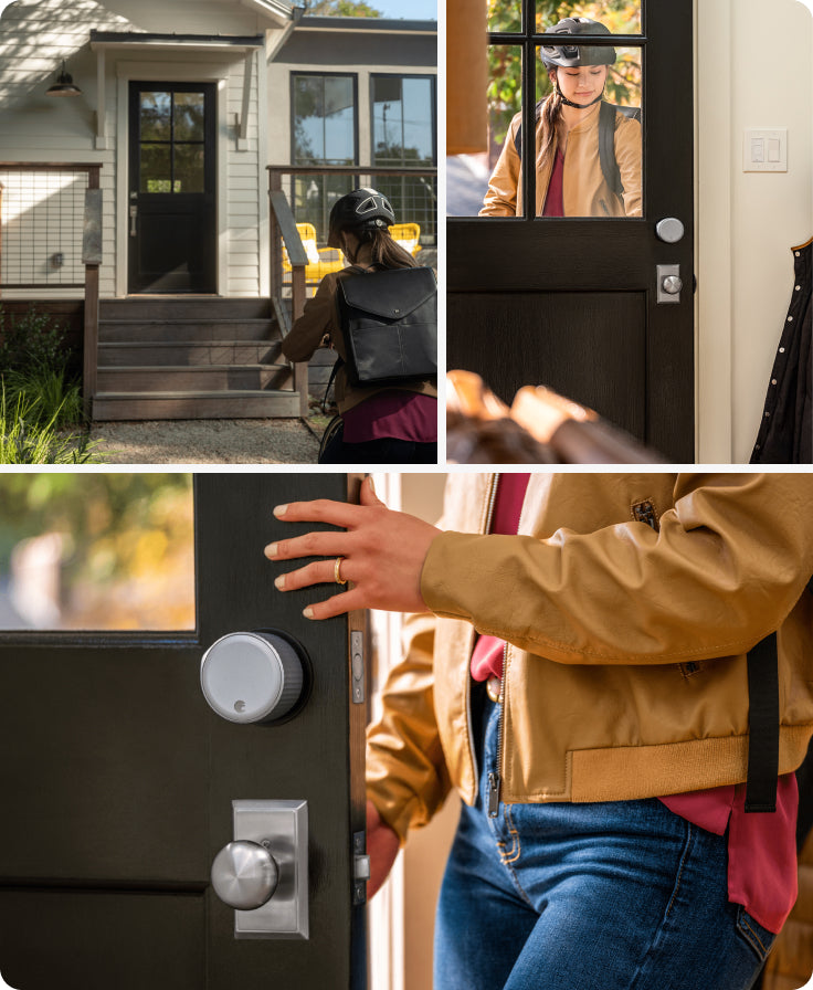 A cyclist walking up to her door, and opening it with the August smartphone app