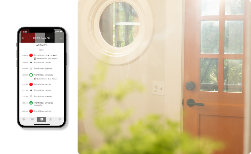 App screen with door activity feed and image of door from inside of home