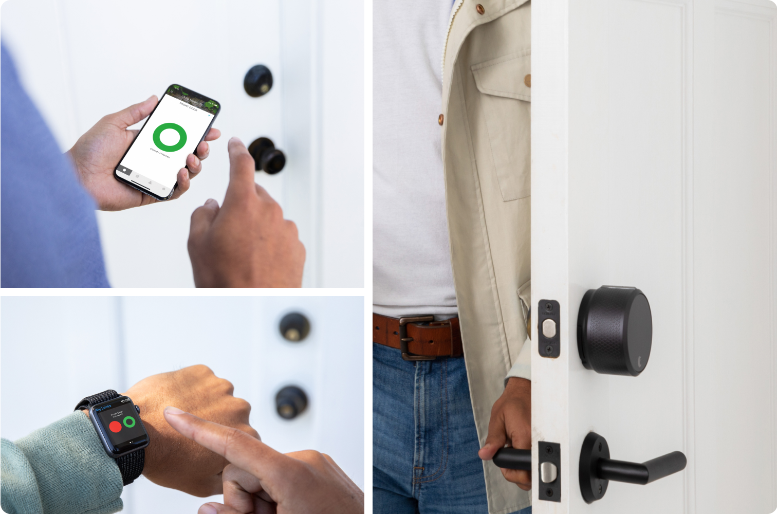 People unlocking their August smart lock with their smartphone and Apple Watch