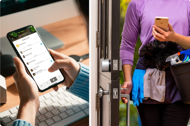 2 Images are shown of women using their smartphones to unlock their door with an app