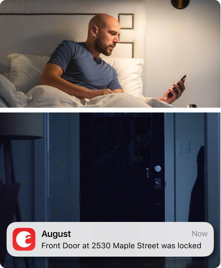 A bald man is in bed at night with a lamp and uses his phone to remotely lock his front door