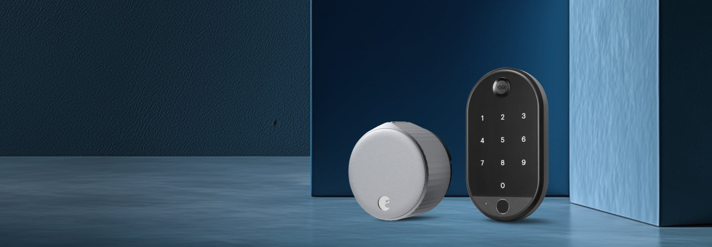 Two smart door locks on a dark blue background