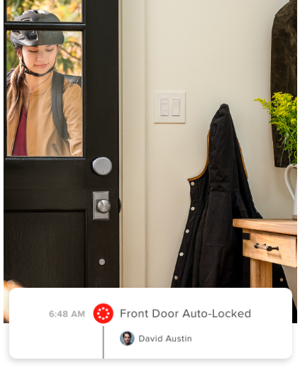 A cyclist leaving her house and the door auto locking behind her with the August app