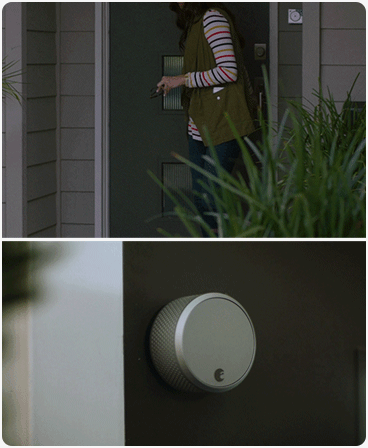 A gif showing the August lock auto locking after a woman leaves