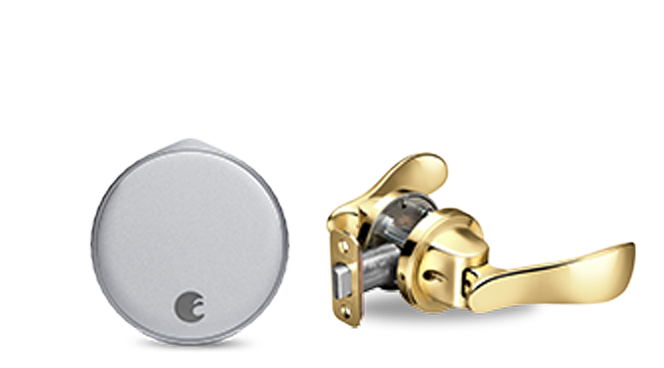 August Wi-Fi Smart Lock + Navis Paddle in Polished Brass Silver